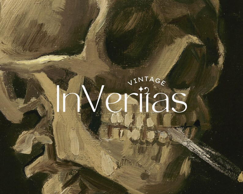 May include: A close-up of a painting of a human skull with a cigarette in its mouth. The skull is painted in a realistic style with visible teeth and a textured surface. The background is dark and the skull is illuminated by a light source from the left. The text "Vintage InVerias" is written in white letters on the skull.