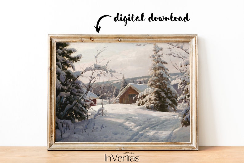 Log Cabins in the Snow Vintage Painting | Rustic Winter Cottage Decor ...