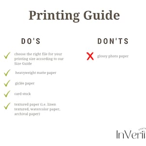 K&ouml;nnte beinhalten: Ein Leitfaden zum Drucken von Kunstwerken, der auflistet, welche Papiersorten verwendet werden sollen und welche zu vermeiden sind. Der Leitfaden empfiehlt schweres mattes Papier, Gicl&eacute;e-Papier, Karton und strukturiertes Papier. Er r&auml;t von der Verwendung von gl&auml;nzendem Fotopapier ab.