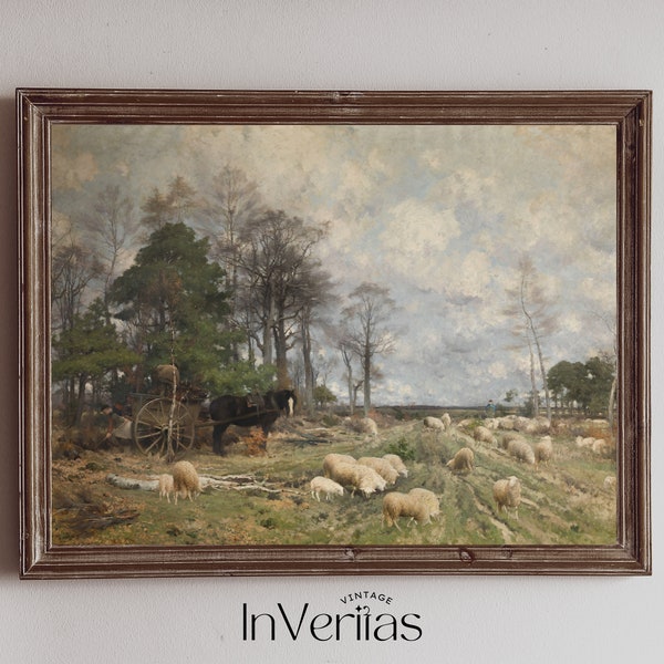 Farmland with Sheep and Horse Vintage Painting | Country Spring Decor | PRINTABLE | No. 499