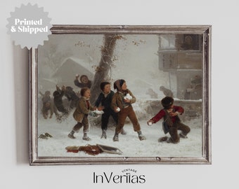 May include: A vintage painting of children playing in the snow. The children are wearing winter clothing and are throwing snowballs at each other. The painting is set in a snowy landscape with a building in the background.