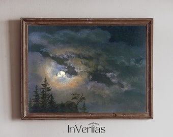 満月の夜空のヴィンテージ絵画 | ムーディーなダークコテージコア装飾 | 印刷可能 | No. 566