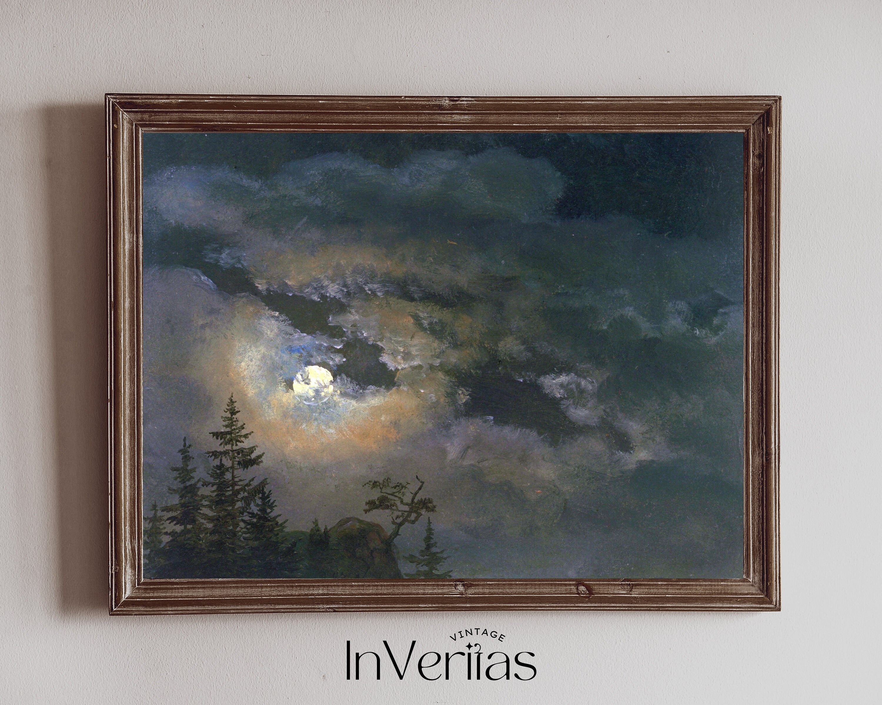 Full Moon Night Sky Vintage Painting | Moody Dark Cottagecore Decor ...