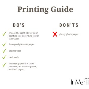 May include: A green tick and a red cross with text indicating what paper types to use and avoid when printing. The text reads "Printing Guide", "DO'S", "DON'TS", "choose the right file for your printing size according to our Size Guide", "heavyweight matte paper", "gicl&eacute;e paper", "card stock", "textured paper (i.e. linen textured, watercolour paper, archival paper)", "glossy photo paper", and "InVeritas".
