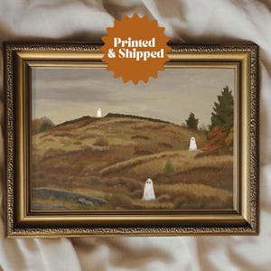 Autumn Field with Little Ghosts Vintage Painting | Spooky Farmhouse Decor | Special Halloween Edition | PRINTED AND SHIPPED | No. A193