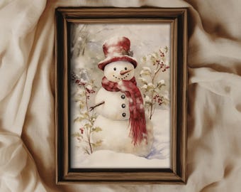 Gemütliches Vintage Schneemann Gemälde | Cottage Weihnachtsdekor | DRUCKBAR | Nr. 609