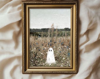 Cute Ghost on a Flower Meadow Vintage Painting | Farmhouse Halloween Decor | Special Halloween Edition | PRINTABLE | No. H08