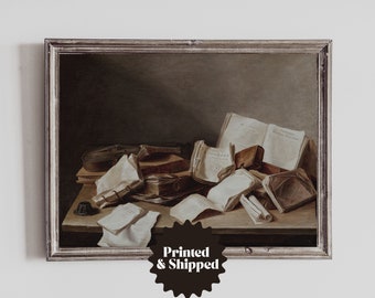 May include: A framed painting of a still life featuring a violin, books, and papers on a wooden table. The books are open and some of the pages are turned. The painting is in a muted color palette of browns and creams.