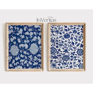 Lot de 2 impressions textiles vintage | Art mural tapisserie bleu marine | Motifs floraux antiques | IMPRIMABLE | N° 30