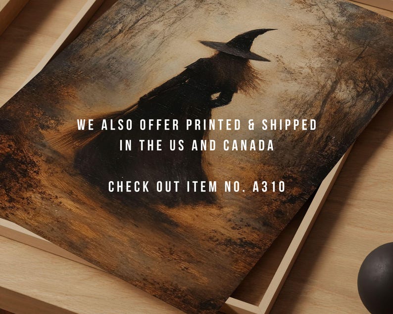 K&ouml;nnte beinhalten: Ein digitales Gem&auml;lde einer Hexe, die auf einem Besen durch einen dunklen Wald fliegt. Die Hexe tr&auml;gt ein schwarzes Kleid und einen spitzen Hut. Der Text "WE ALSO OFFER PRINTED & SHIPPED IN THE US AND CANADA CHECK OUT ITEM NO. A310" befindet sich am unteren Rand des Bildes.