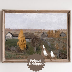Little Ghosts between Farmhouses Vintage Painting | Farmhouse Fall Decor | Special Halloween Edition | PRINTED AND SHIPPED | No. A183