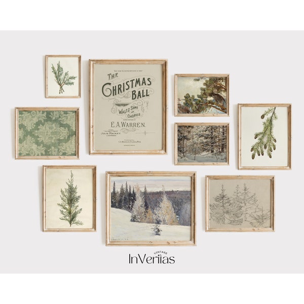 Set da parete Green Christmas Gallery Vintage / Pacchetto di 9 stampe / Arredamento invernale della fattoria / STAMPABILE / N. 419