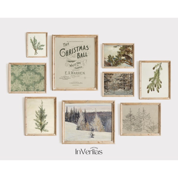 Green Christmas Gallery Wall Set Vintage | Bundle of 9 Prints | Farmhouse Winter Decor | PRINTABLE | No. 419