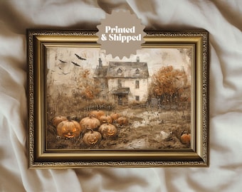 Halloween Farmhouse Spooky Pumpkin Patch Painting Vintage Wall Art | Country Cottage Fall Decor | PRINTED AND SHIPPED | No. A290