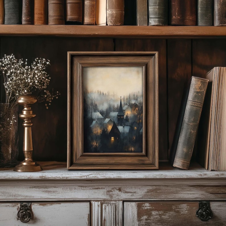 Gloomy Winter Village Print | Moody Cottage Winter Decor | PRINTABLE ...