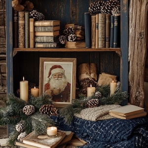 May include: A rustic wooden shelf with books, pine cones, and candles. A framed illustration of a man with a beard and a red hat holding a mug is on the shelf. The shelf is decorated with greenery and a blue blanket.