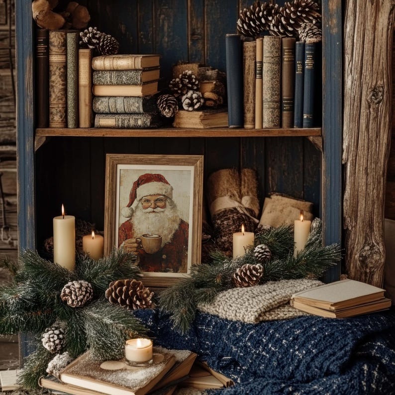 May include: A rustic wooden shelf with books, pine cones, and candles. A framed illustration of a man with a beard and a red hat holding a mug is on the shelf. The shelf is decorated with greenery and a blue blanket.