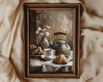 French Breakfast Kitchen Print Croissant Still Life | Moody Vintage Style Farmhouse Kitchen Decor | PRINTABLE | No. 718