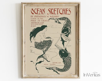 Mermaid and Fishes Book Cover Art | Vintage Coastal Decor | PRINTABLE | No. 434