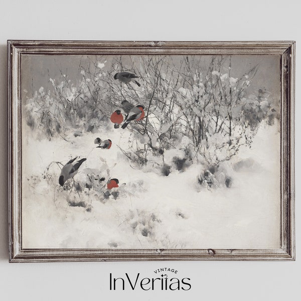 Birds in the Snow Vintage Painting | Farmhouse Winter Decor | PRINTABLE | No. 425