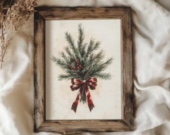 May include: A framed watercolor painting of a green pine bough with red berries tied with a red and white ribbon.