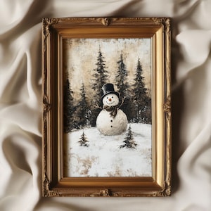 May include: A framed painting of a snowman standing in a snowy forest. The snowman is wearing a black top hat and a scarf. The trees are painted in shades of brown and green.