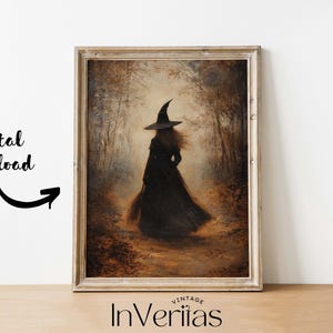 K&ouml;nnte beinhalten: Ein digitales Gem&auml;lde einer Hexe, die durch einen Wald geht. Sie tr&auml;gt ein schwarzes Kleid und einen spitzen Hut. Der Wald ist dunkel und geheimnisvoll, mit hohen B&auml;umen und einem Weg, der durch die Mitte f&uuml;hrt.