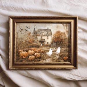 May include: A framed painting of a spooky Halloween scene with a house, pumpkins, and ghosts. The house is painted in muted tones of brown and gray, with a white door and windows. The pumpkins are orange and have carved faces. The ghosts are white and translucent, with black eyes and mouths. The painting is set against a background of trees and bushes.
