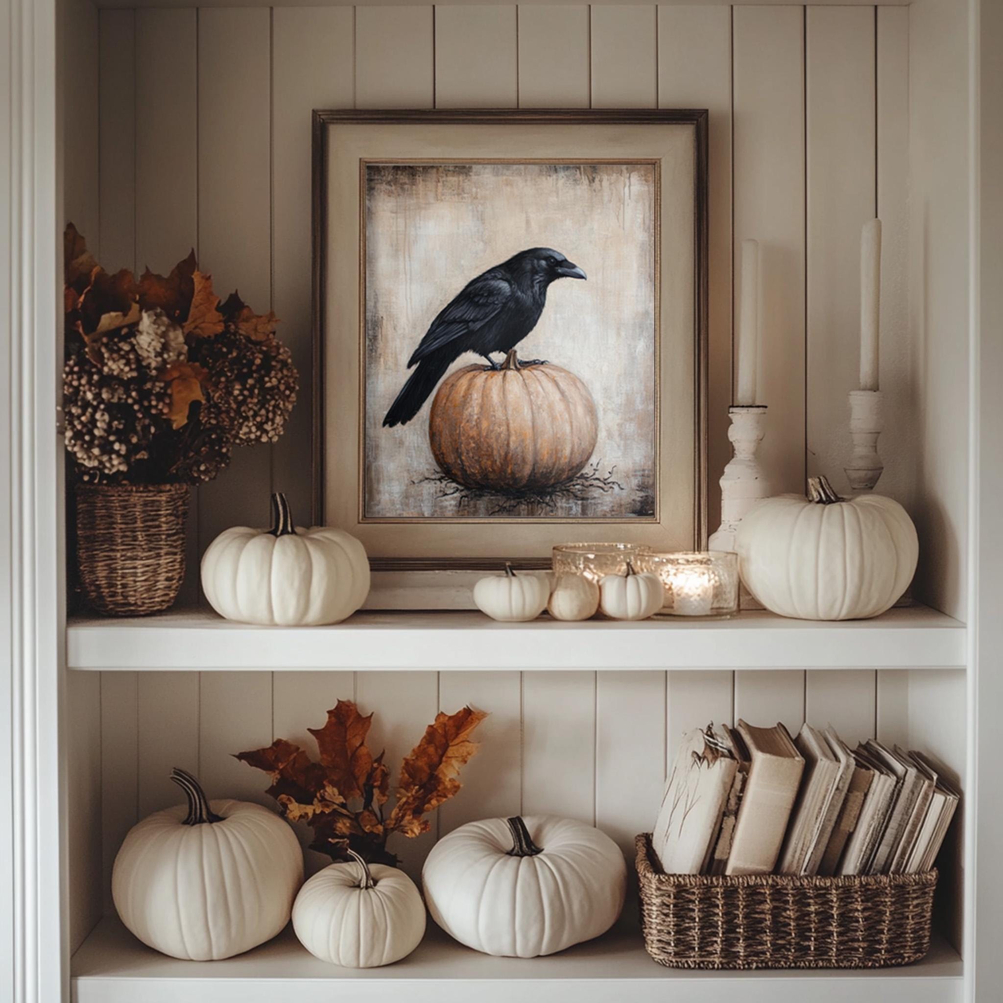 Black Raven on Pumpkin Rustic Vintage Drawing Halloween Wall Art