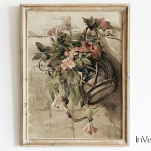 Pink Flowers in a Hanging Vase Vintage Painting | Neutral Farmhouse & Cottagecore Decor | PRINTABLE | No. 562