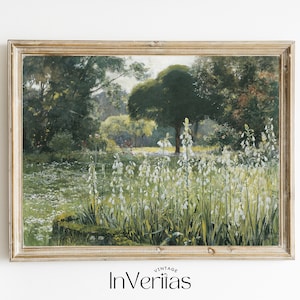Vintage Painting Beautiful Garden with White Flowers | French Cottage Garden | Farmhouse Decor | PRINTABLE | No. 150