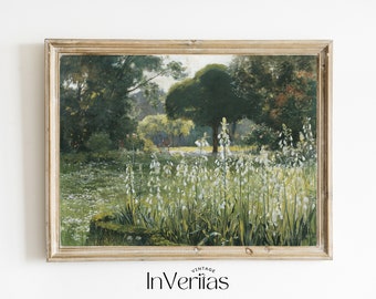 Vintage Painting Beautiful Garden with White Flowers | French Cottage Garden | Farmhouse Decor | PRINTABLE | No. 150