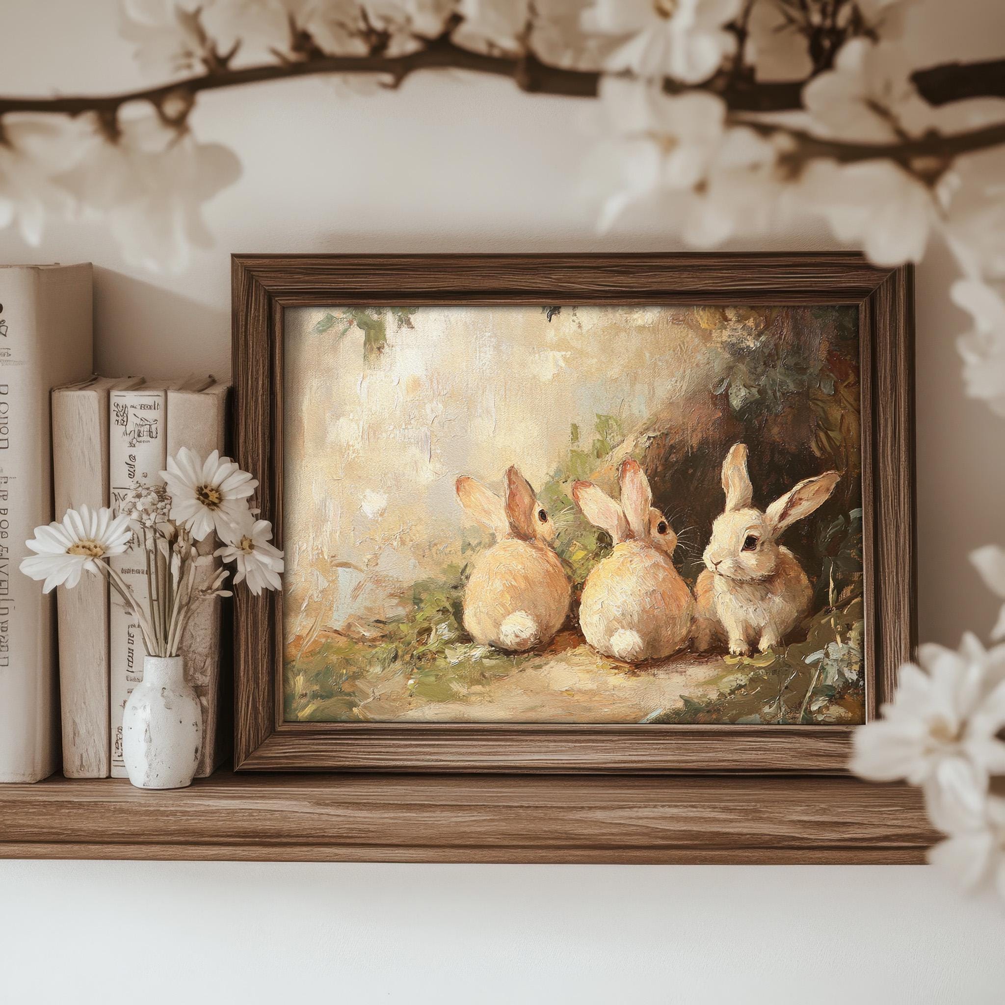 Cute Rabbits Print Vintage Bunnies Easter Wall Art | Cottage Easter and ...