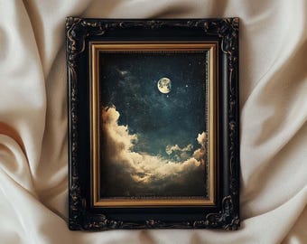 May include: A framed artwork featuring a night sky scene with a full moon, stars, and clouds. The artwork is set within a black ornate frame with gold trim. The background is a dark blue, and the clouds are a mix of white and gold.