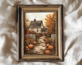 May include: A framed watercolor painting of a quaint white house with a gray roof, surrounded by pumpkins and fall foliage. The artwork is set in a rustic wooden frame. The text "InVeriitas" is visible at the bottom.