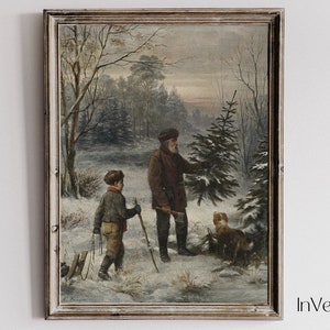 Cutting a Fresh Christmas Tree Vintage Painting | Traditional Farmhouse Christmas Decor | PRINTABLE | No. 352