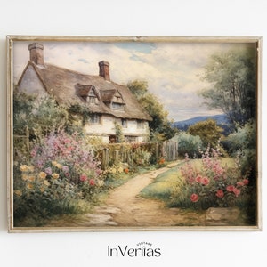 May include: A watercolor painting of a quaint cottage with a thatched roof, surrounded by a lush garden with blooming flowers. The cottage has a white exterior and a path leading to the front door. The painting is framed in a light wood frame.