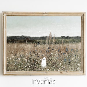 Tiny Ghost on Flower Meadow Vintage Landscape Painting | Spooky Farmhouse Decor | Special Halloween Edition | PRINTABLE | No. H39