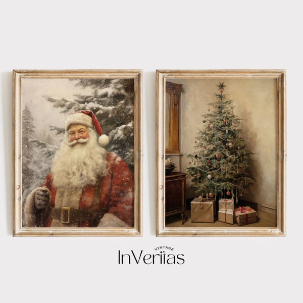 Santa and Christmas Tree Vintage Style Wall Art Set | Set of 2 Prints | Traditional Christmas Decor | PRINTABLE | No. 612