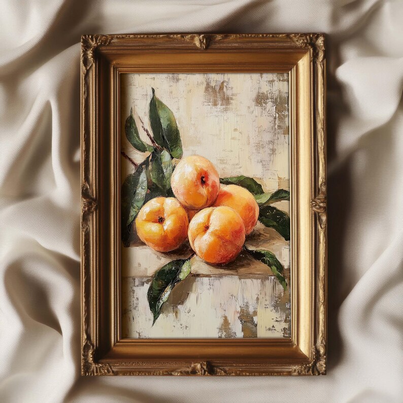 May include: A framed oil painting of a still life featuring four ripe peaches with green leaves on a textured background.