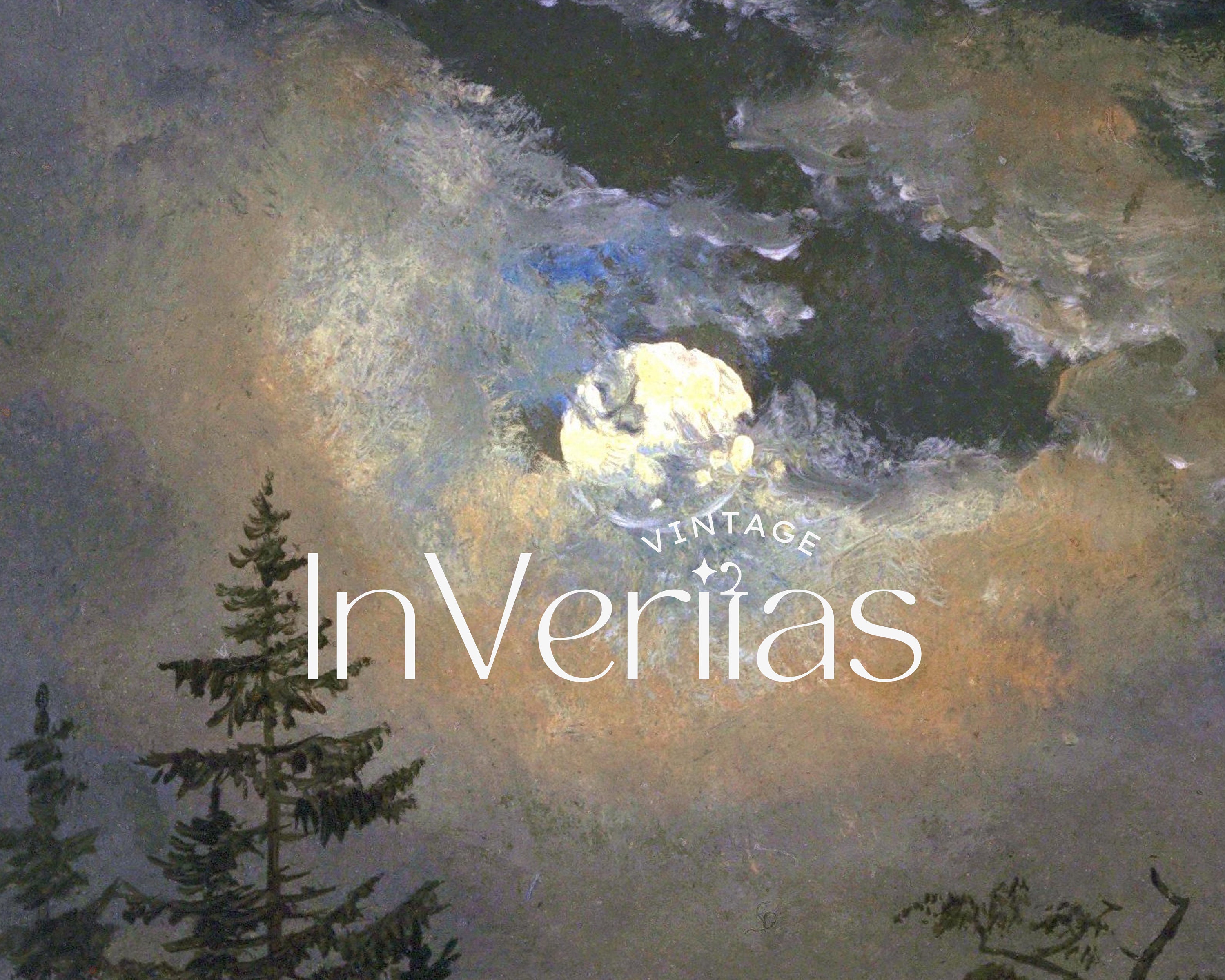 Full Moon Night Sky Vintage Painting | Moody Dark Cottagecore Decor ...