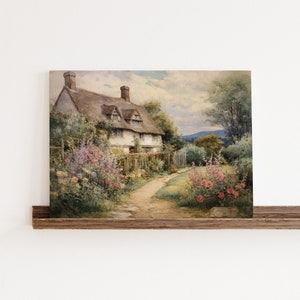 May include: A watercolor painting of a white cottage with a thatched roof, surrounded by a lush garden with pink and white flowers. A path leads away from the cottage towards a distant hillside.
