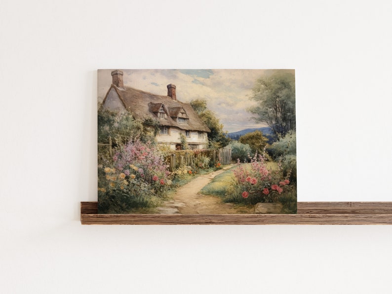 May include: A watercolor painting of a white cottage with a thatched roof, surrounded by a lush garden with pink and white flowers. A path leads away from the cottage towards a distant hillside.