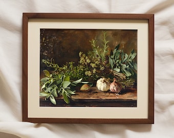 Kitchen Herbs Vintage Still Life Painting | Moody Farmhouse Kitchen Decor | PRINTABLE | No. 636