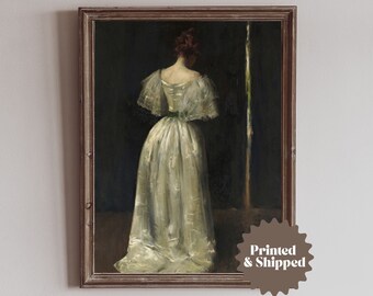 Woman in a White Dress Vintage Painting | Dark Portrait Painting | PRINTED AND SHIPPED | No. A023