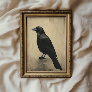Peut inclure: Une peinture encadrée d'un corbeau noir perché sur une branche. Le corbeau est représenté dans un style réaliste avec des plumes détaillées et un bec pointu. L'arrière-plan est de couleur beige tamisée, créant une composition simple et élégante.
