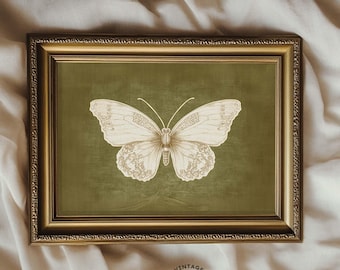 White Butterfly Print Vintage Style Olive Green Wall Art | Antique Cottage Decor | PRINTABLE | No. 825