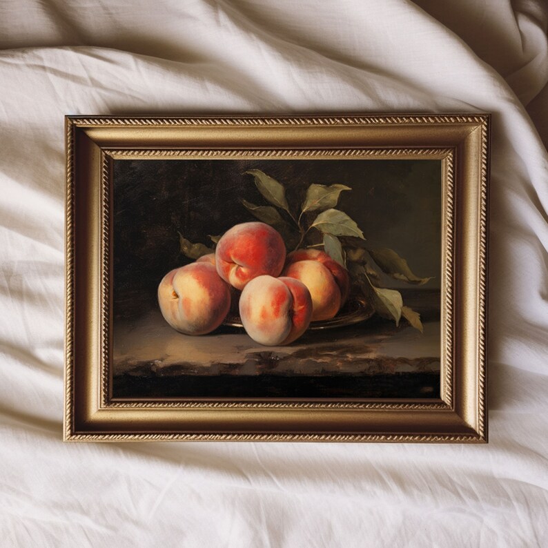 May include: A framed oil painting of a still life featuring five peaches on a plate. The peaches are a mix of red and orange hues, and the painting has a dark background.