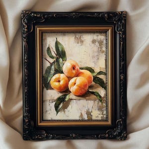 May include: A framed oil painting of a still life featuring four ripe peaches with green leaves on a textured background.