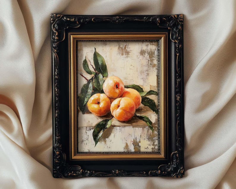 May include: A framed oil painting of a still life featuring four ripe peaches with green leaves on a textured background.